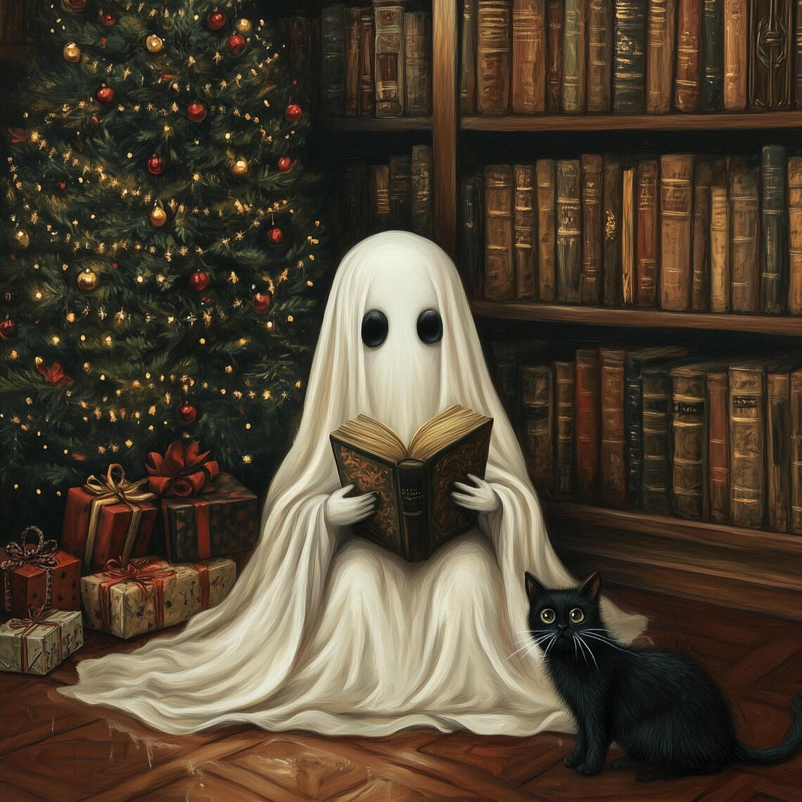 Ghost and Black Cat Spooky Christmas Art Print - Image 3
