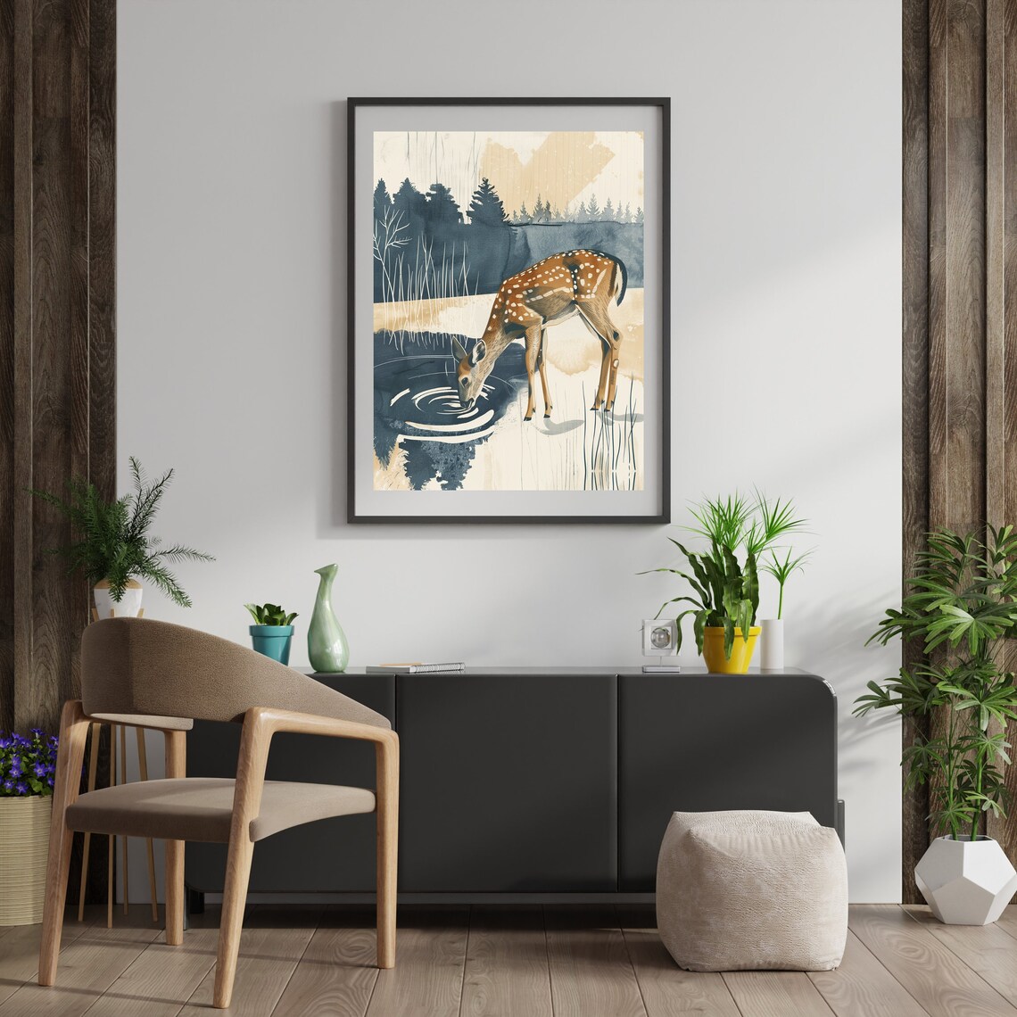 Spotted Fawn Drinking at a Still Pond Watercolor Nursery Poster - Image 2