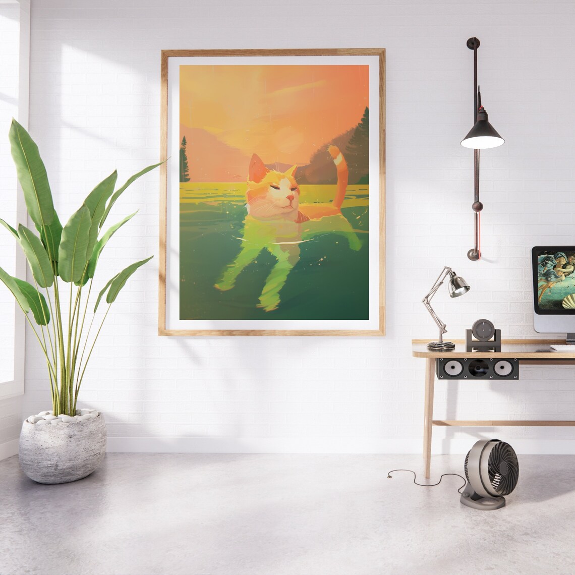 Ginger Cat Swimming In A Sunset Lake Whimsical Colorful Cat Art Poster - Image 3