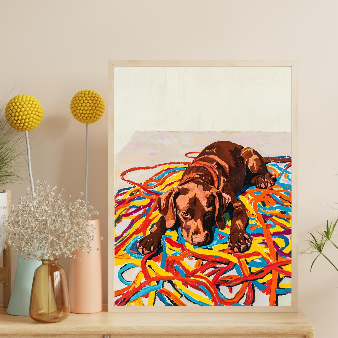 Playful Chocolate Dog Tangled In Bright Colorful Ribbons Poster - Image 2