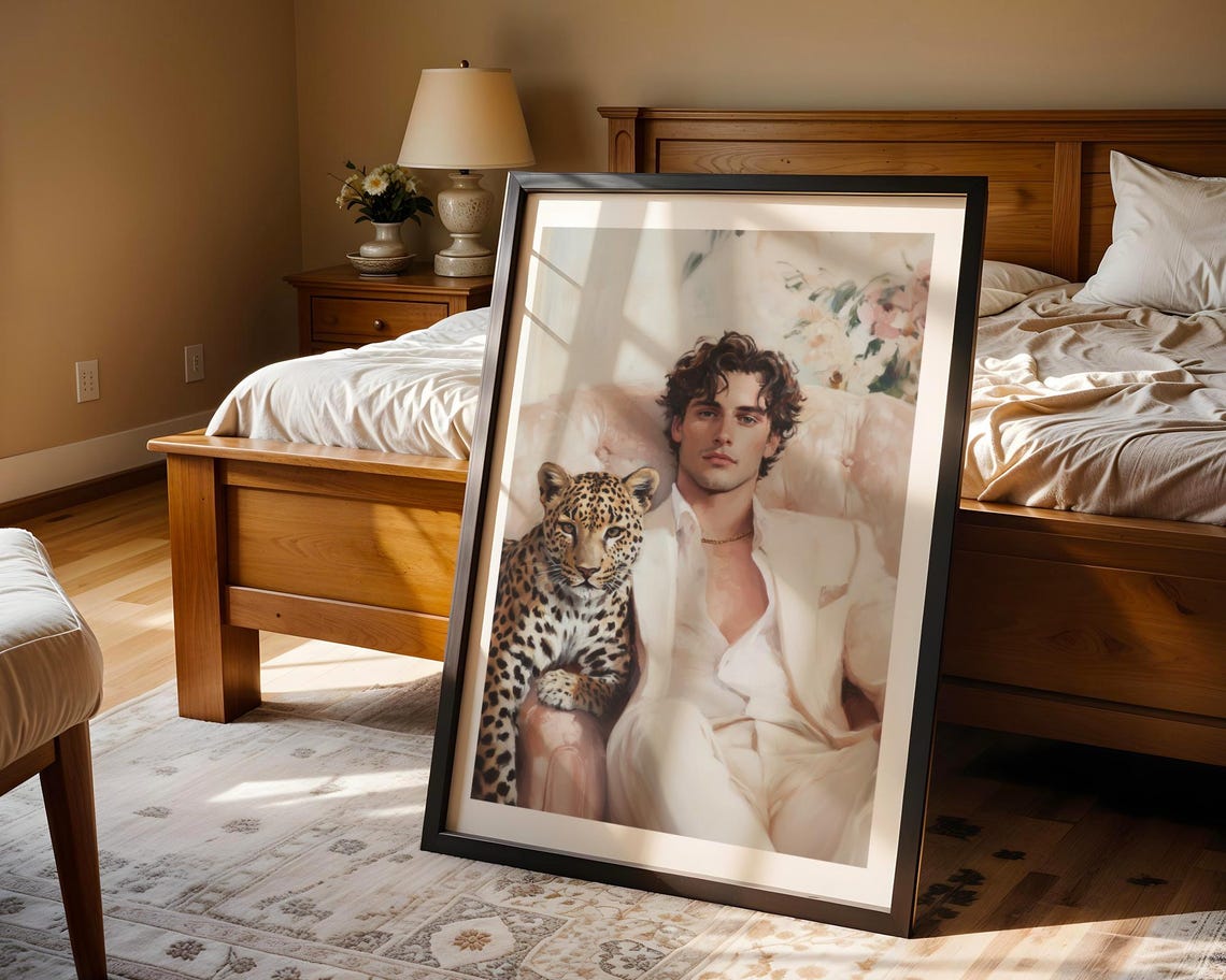 Handsome Man With Leopard Elegant Portrait Pink And Gold Style Poster - Image 2