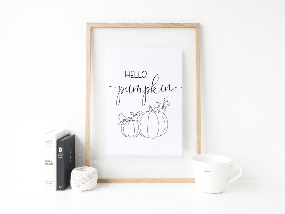 Hello Pumpkin Script with Line Art Pumpkins Rustic Fall Sign Print - Image 3