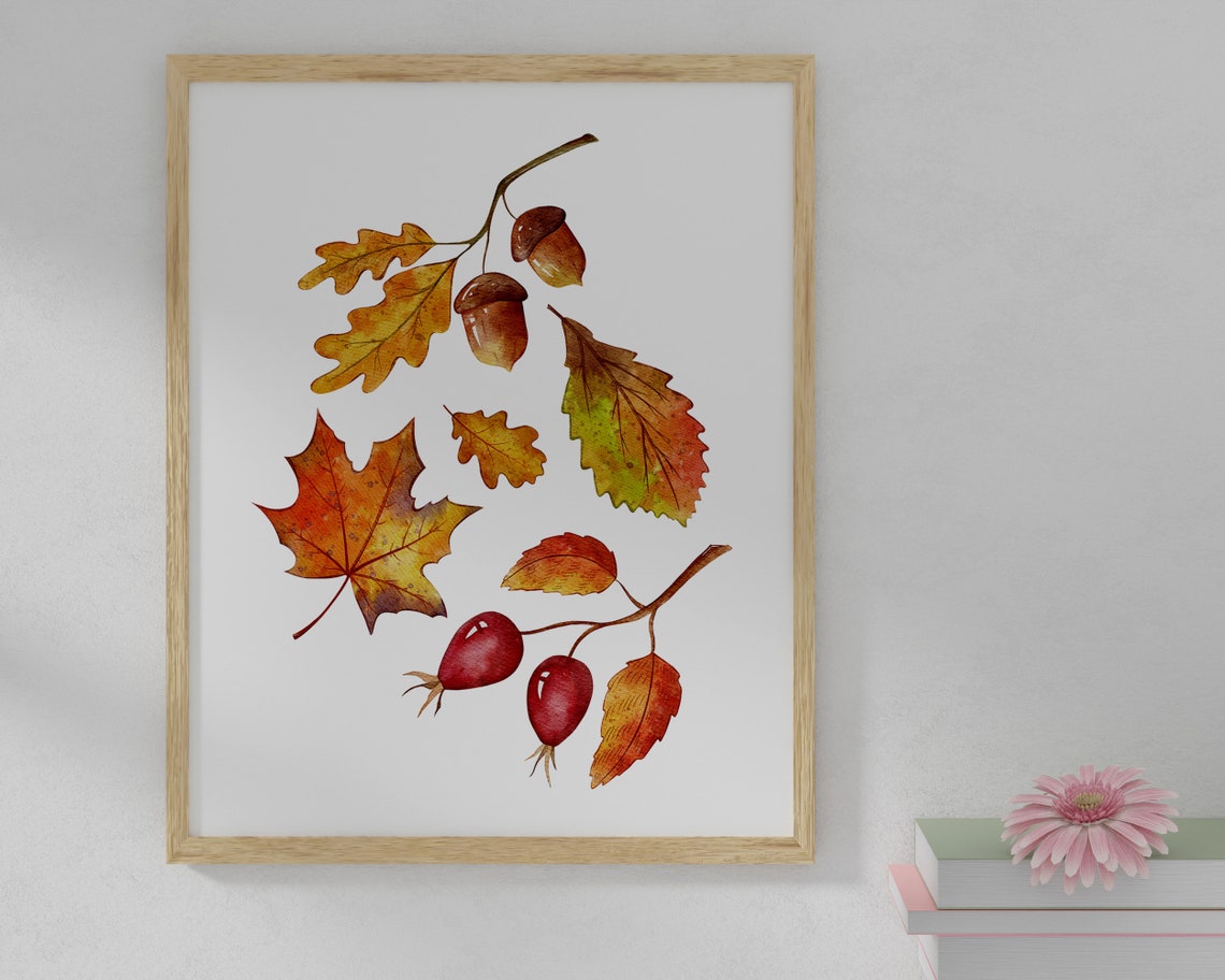 Fall Watercolor Leaves Maple Oak Rosehips Rustic Autumn Art Print - Image 5