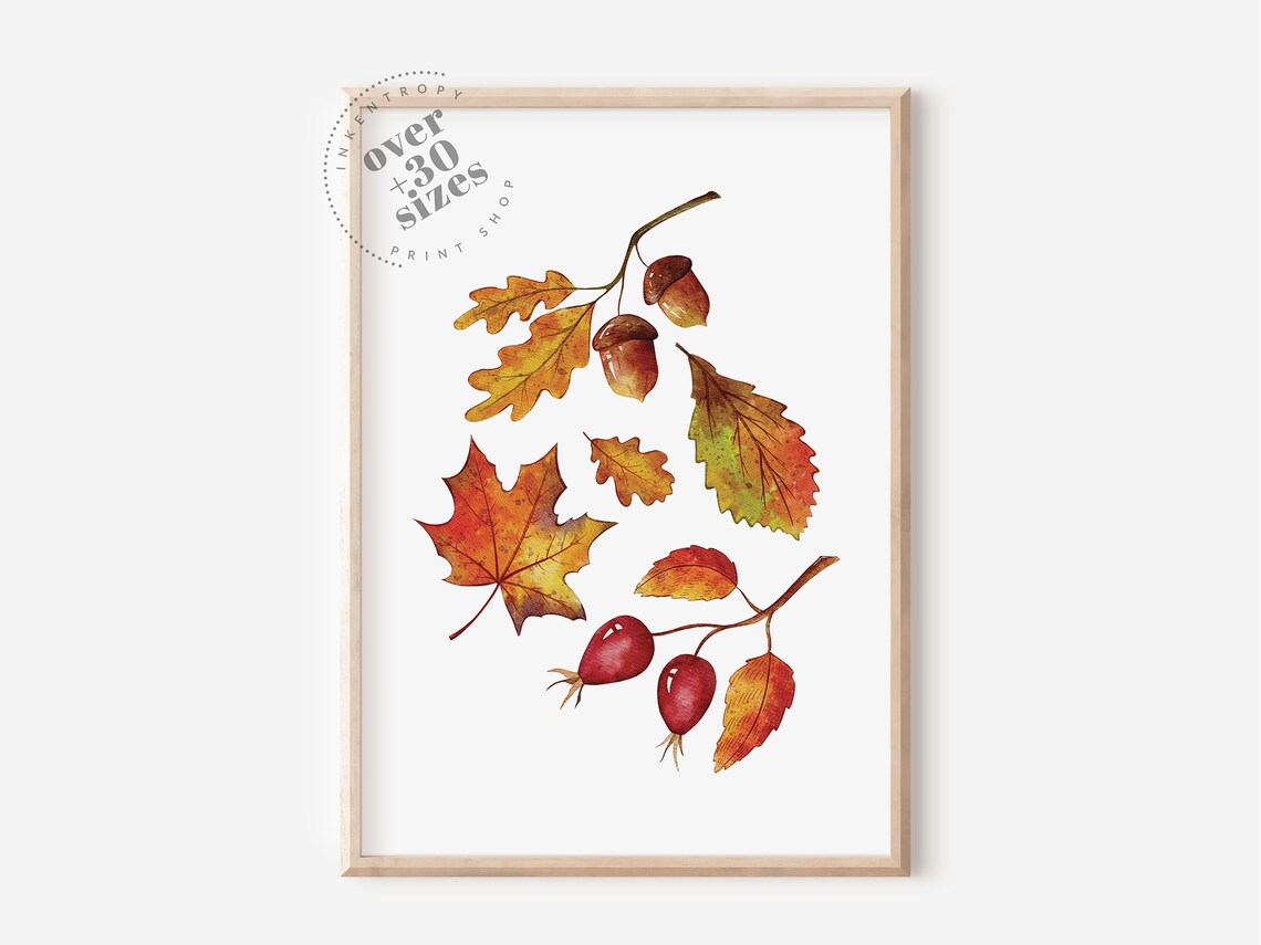 Fall Watercolor Leaves Maple Oak Rosehips Rustic Autumn Art Print