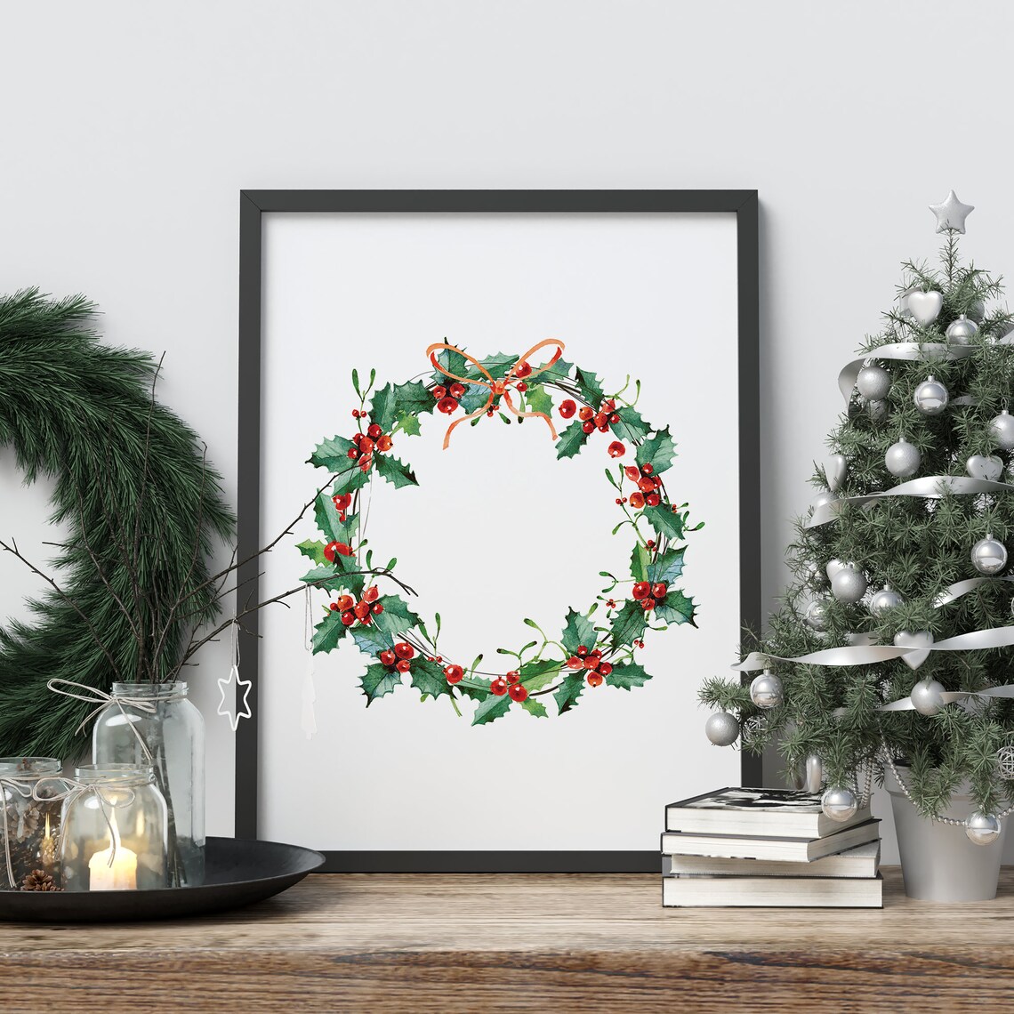 Christmas Holly Berry Wreath Watercolor Holiday Wall Decor Art Print - Image 4