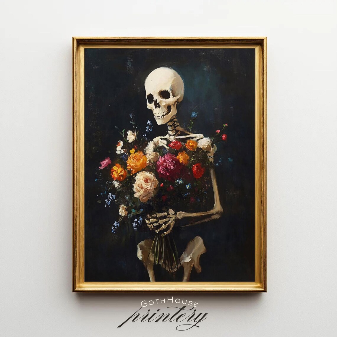 Skeleton Holding Floral Bouquet Art Print, Gothic Decor
