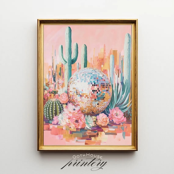 Desert Disco Ball with Cacti and Pink Flowers Pastel Maximalist Print