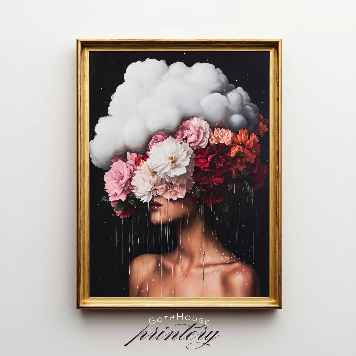 In Clouds Surreal Portrait, Maximalist Floral Art Print