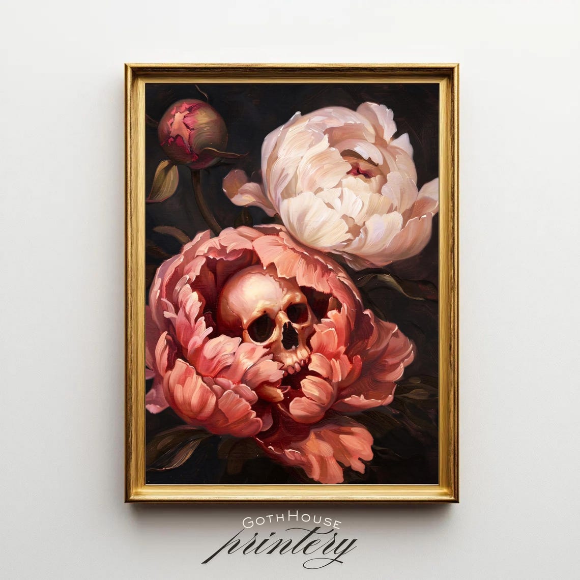 Skull Peony Gothic Botanical Art Print