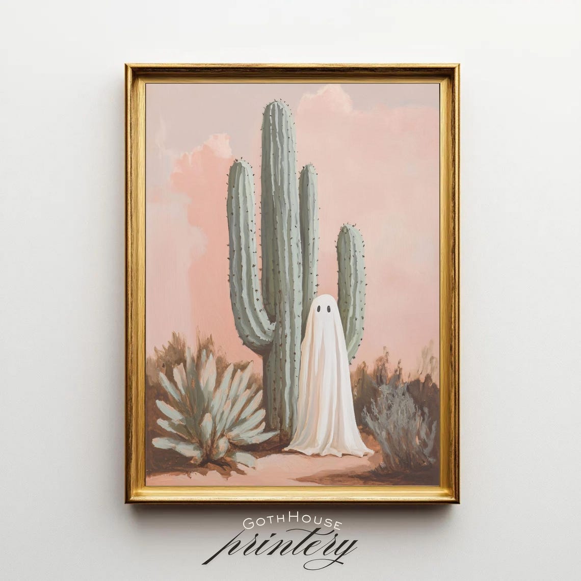 Cute Ghost Saguaro Cactus Pink Desert Spooky Sweet Halloween Wall Art