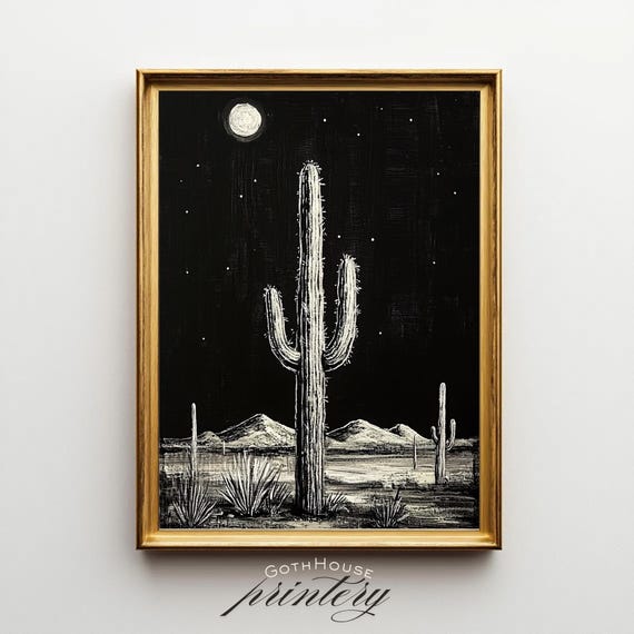 Cactus Night Art Print, Gothic Desert Moon