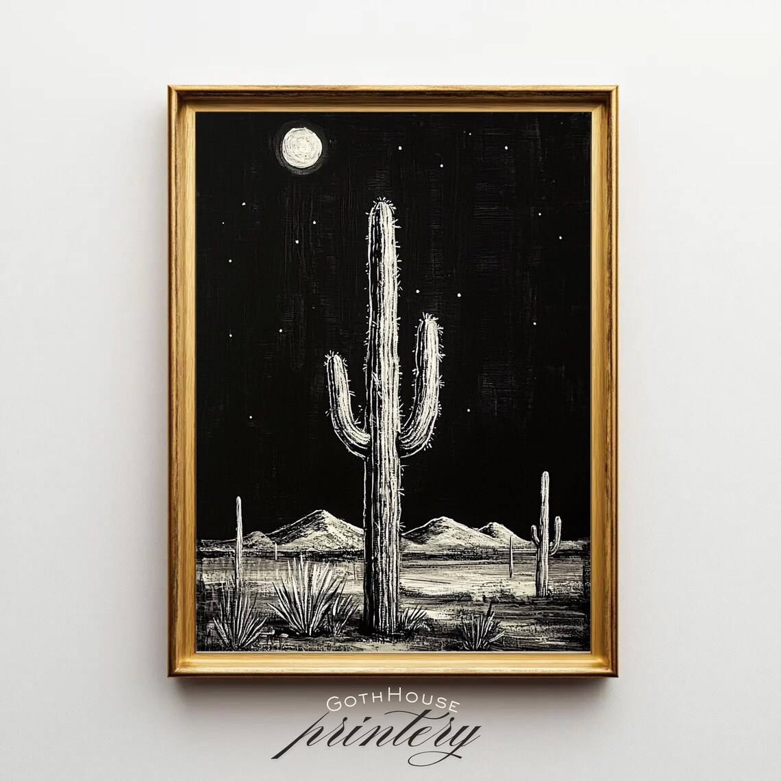 Cactus Night Art Print, Gothic Desert Moon