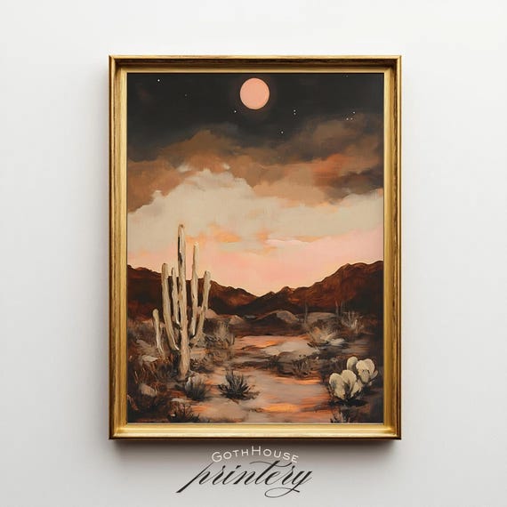 Desert Moon Art Print, Moody Southwestern Cactus
