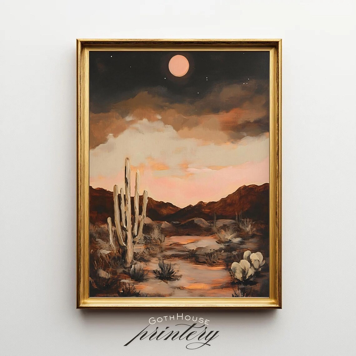 Desert Moon Art Print, Moody Southwestern Cactus