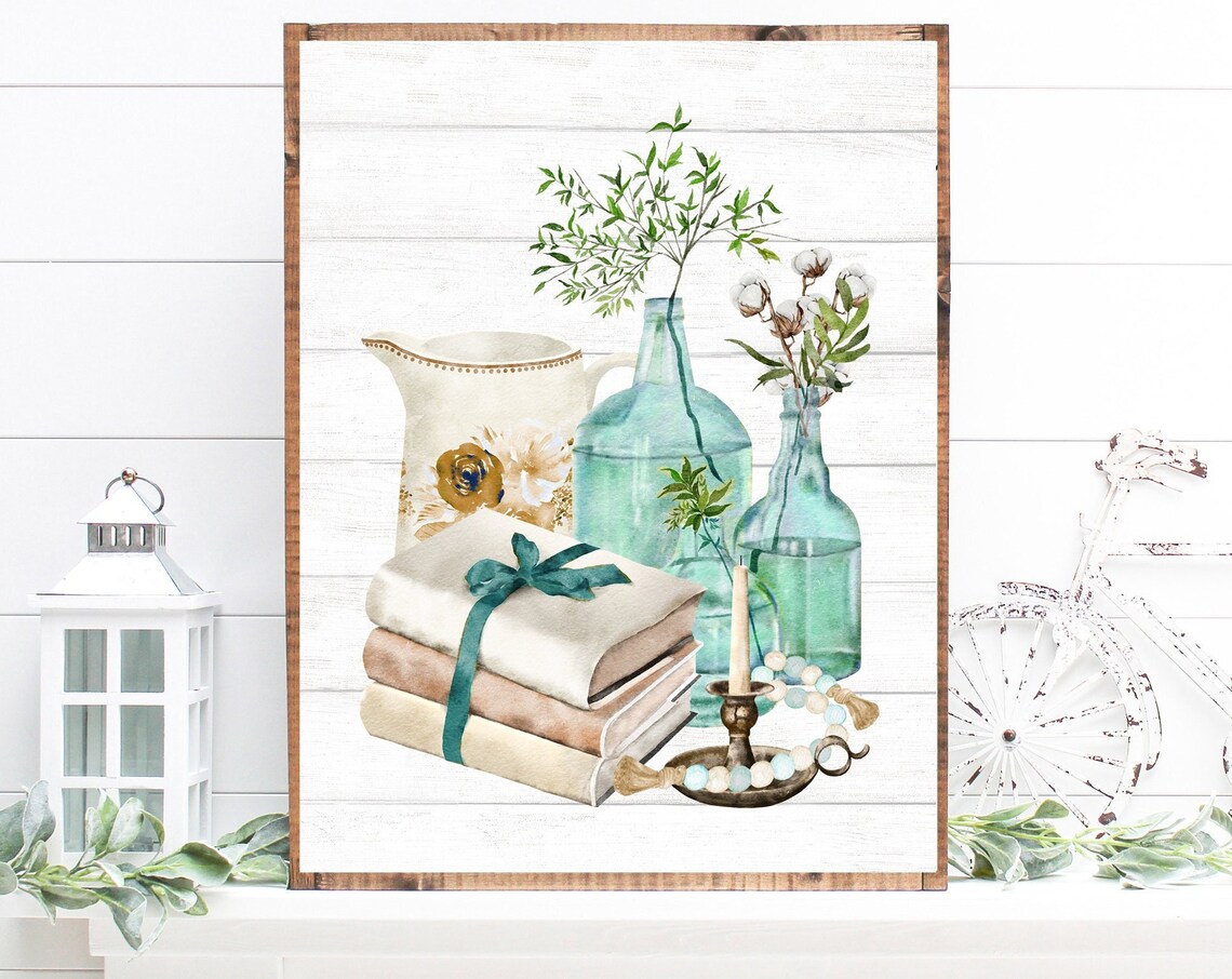 Stacked Rustic Books with Greenery and Vintage Bottles Poster