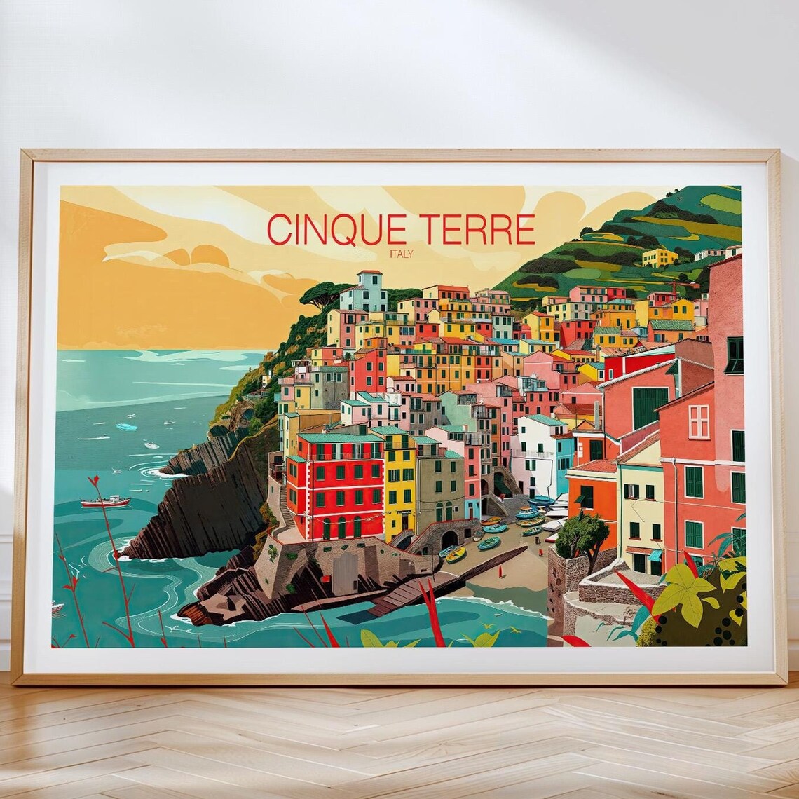 Cinque Terre Italy Colorful Cliff Village Retro Coast Travel Poster