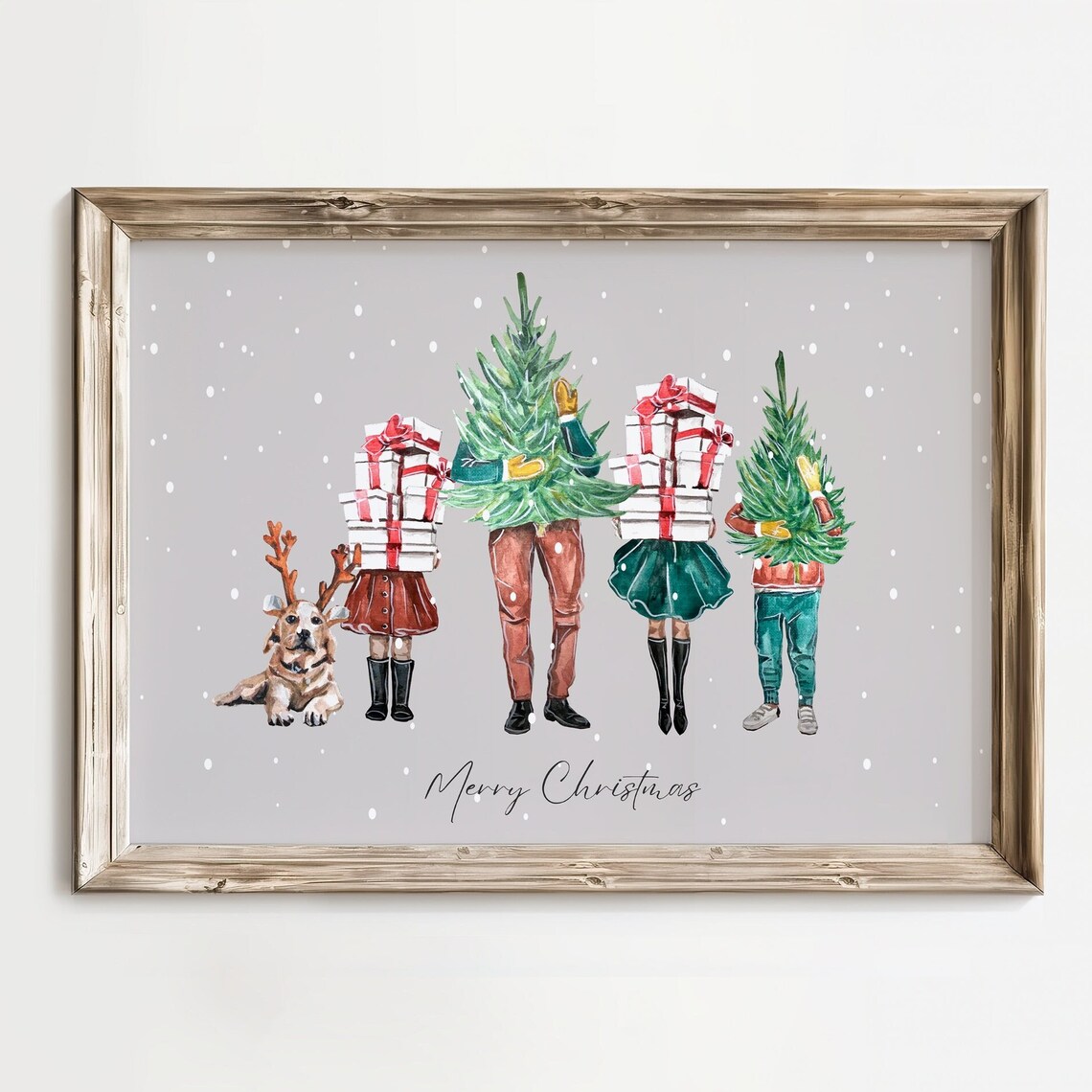 Watercolor Christmas Family Carrying Gifts Trees And Dog Poster