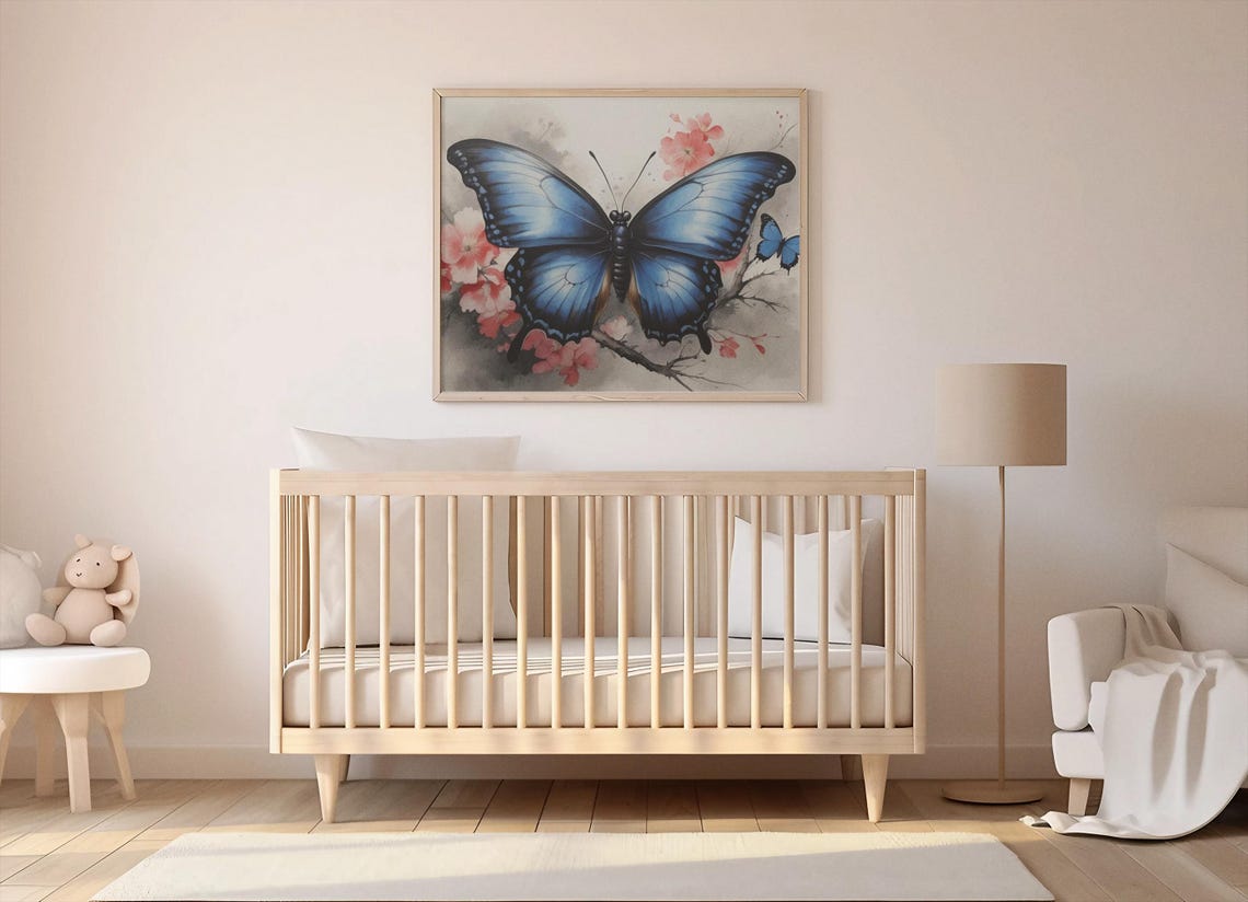 Blue Morpho Butterfly On Pink Blossom Branch Watercolor Art Poster - Image 3