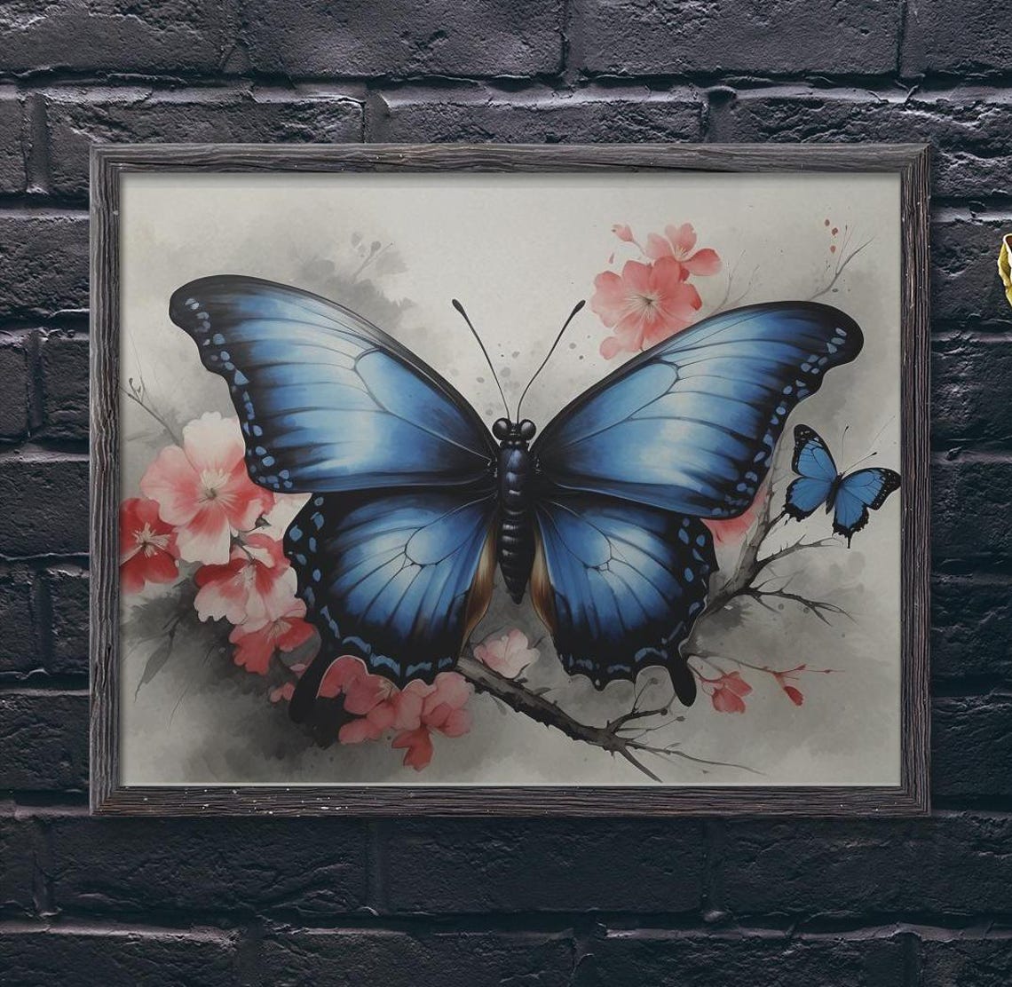 Blue Morpho Butterfly On Pink Blossom Branch Watercolor Art Poster