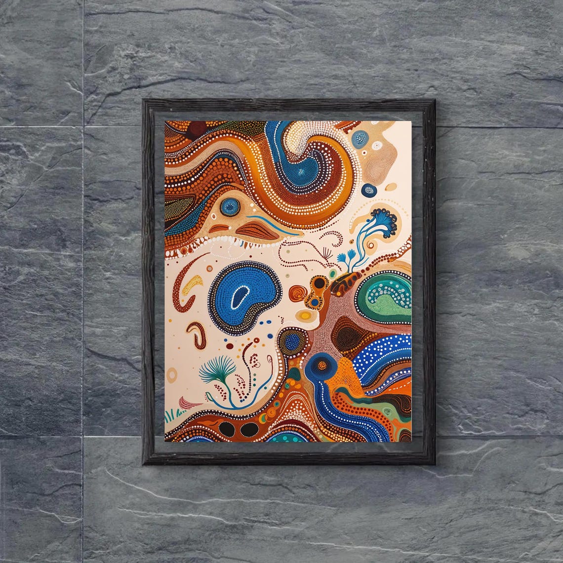 Australian Aboriginal Dot Painting In Earthy Blue And Orange Poster
