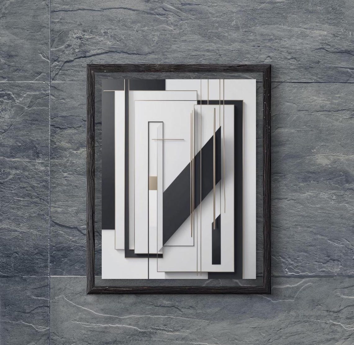 Monochrome Geometric Abstract Layers With Gold Lines Modern Poster