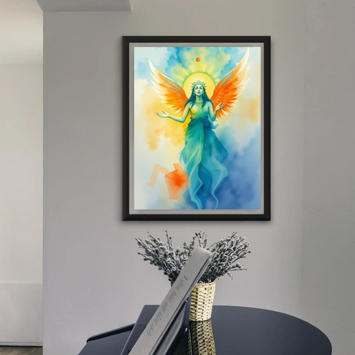 Watercolor Angel Goddess Orange Wings Turquoise Dress Sun Halo Poster - Image 3