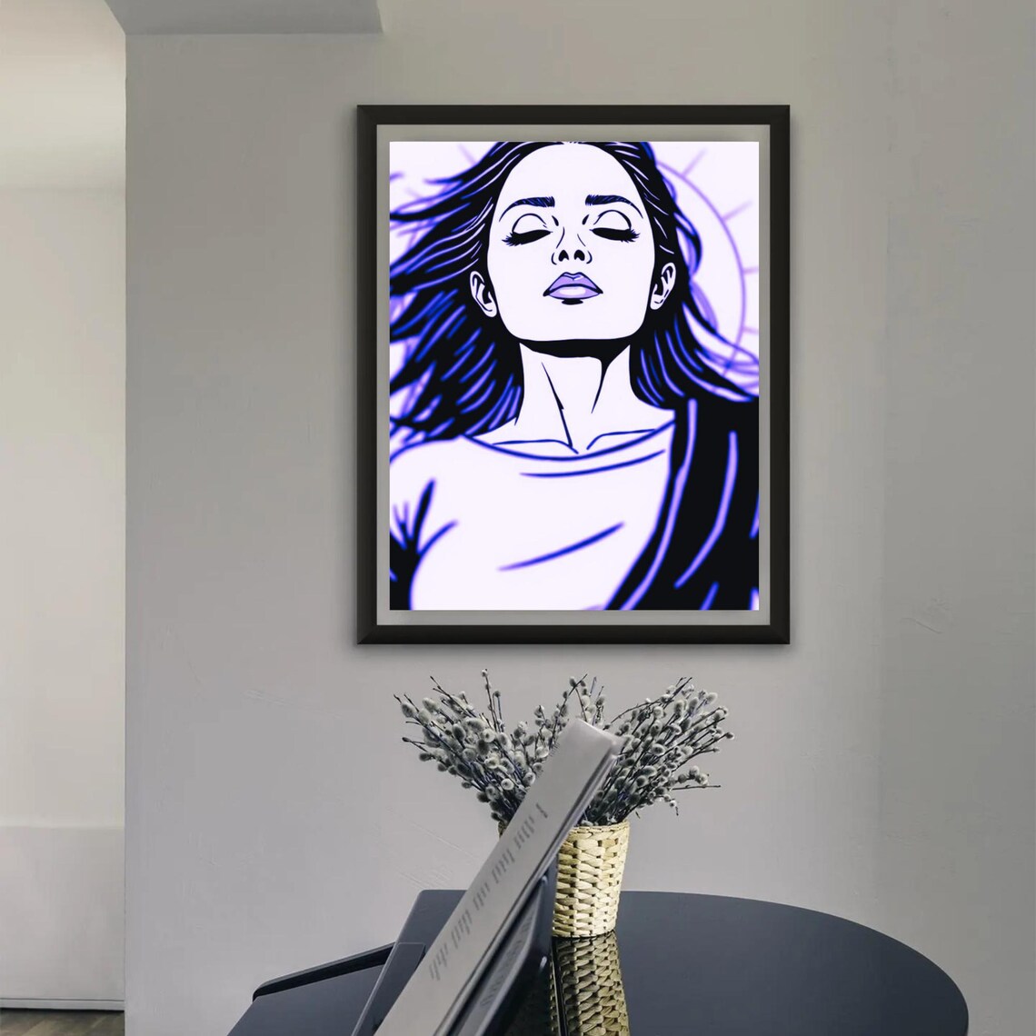 Spiritual Woman Closed Eyes Flowing Hair Blue Line Art Meditation Zen Poster - Image 3
