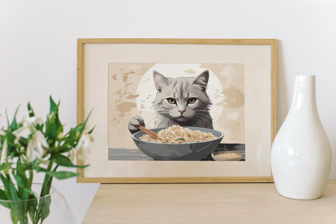 Grumpy Gray Cat Eating Noodles Japanese Style Humor Kitchen Poster - Image 4