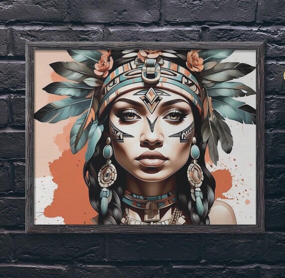 Aztec Princess Portrait Feather Headdress Turquoise Tribal Face Paint Poster
