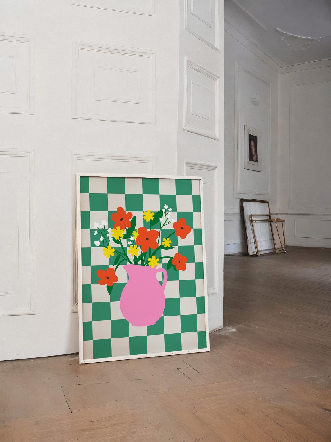 Pink Pitcher Vase Wildflower Bouquet on Green Check Wall Art Print - Image 2