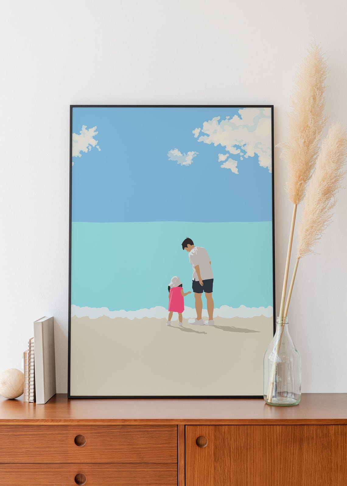 Father and Daughter Holding Hands on Beach Turquoise Sea Wall Art - Image 3