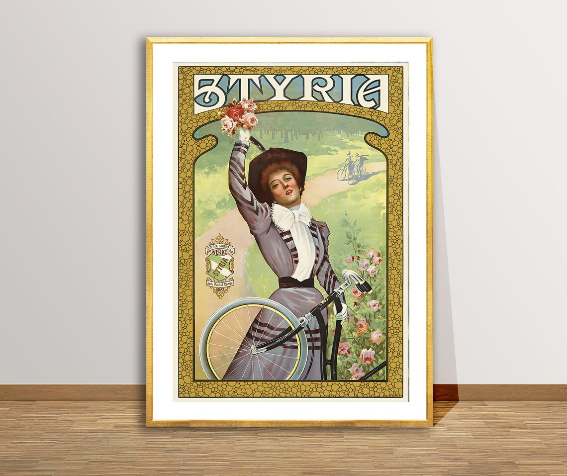 Smyria Vintage Bicycle Woman With Roses German Art Nouveau Poster