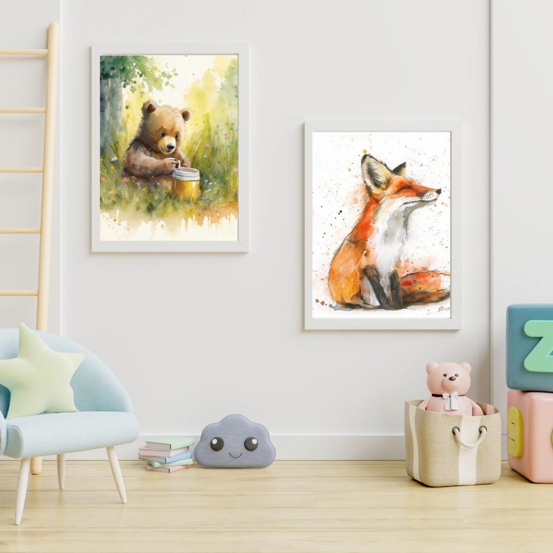 Brown Bear Cub Holding Honey Jar Meadow Wildflowers Watercolor Poster - Image 4