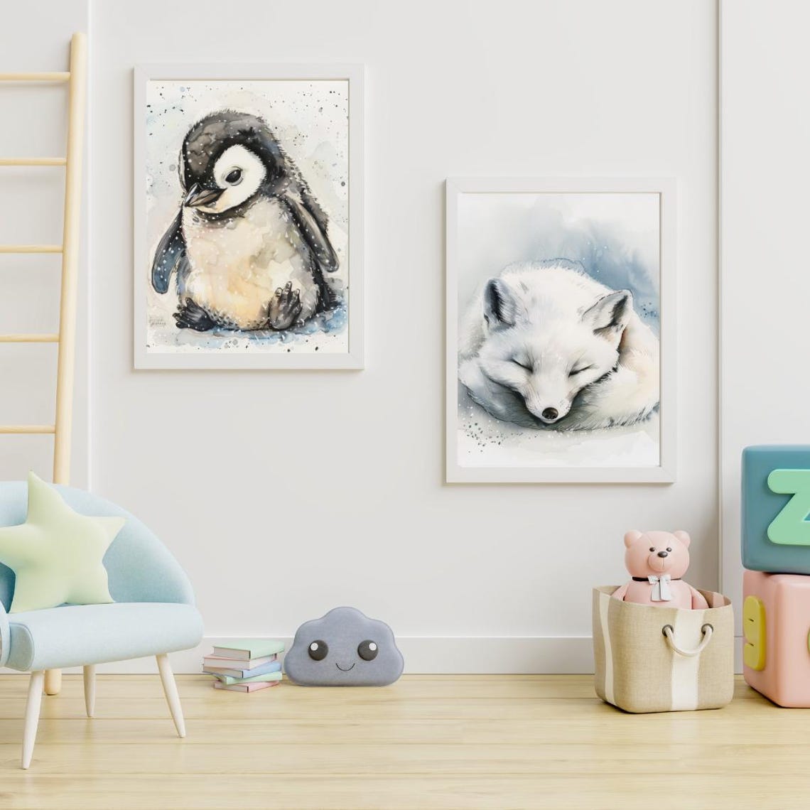 Baby Penguin Chick Watercolor Sitting Snow Cute Nursery Animal Poster - Image 4