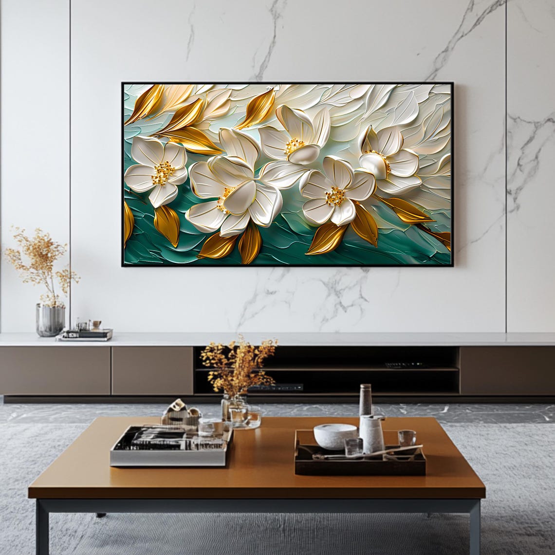 White Floral Blossoms with Gold Leaves on Teal Textured Art Poster - Image 2
