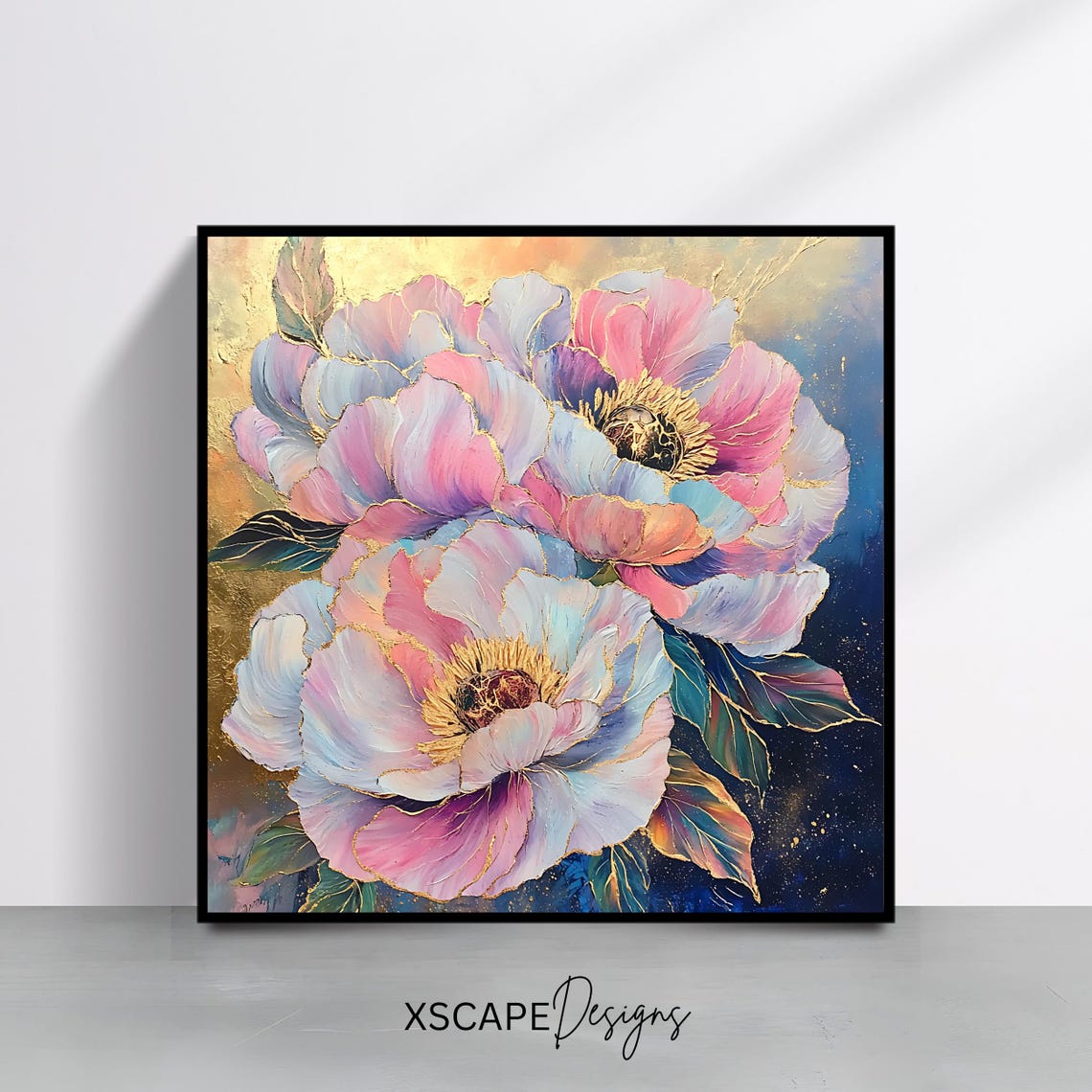 Pink Peony Blossoms Gold Accents Navy Background Botanical Art Print