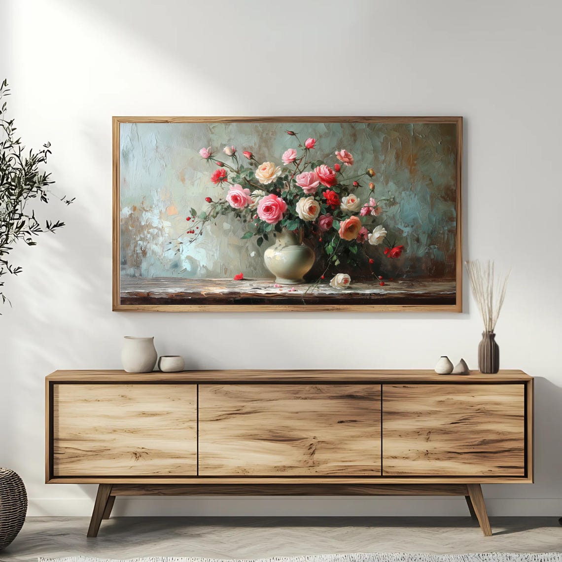 Rustic Rose Bouquet Pink White Red Vase Vintage Floral Poster - Image 3