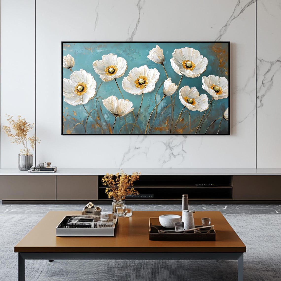 White Poppy Flowers On Teal Blue Elegant Modern Botanical Art Poster - Image 2