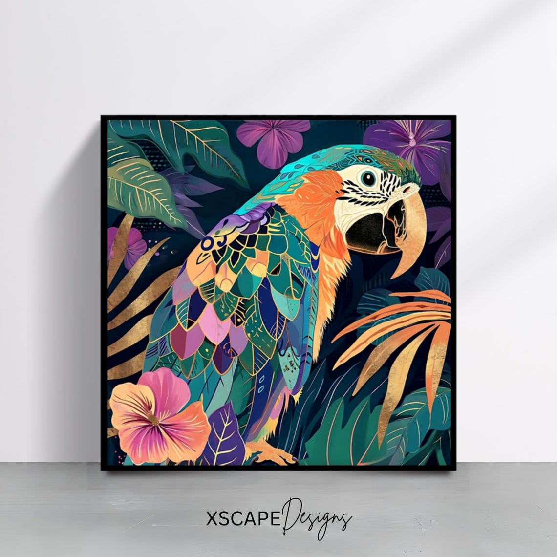 Colorful Tropical Parrot Among Exotic Flowers Jungle Art Poster