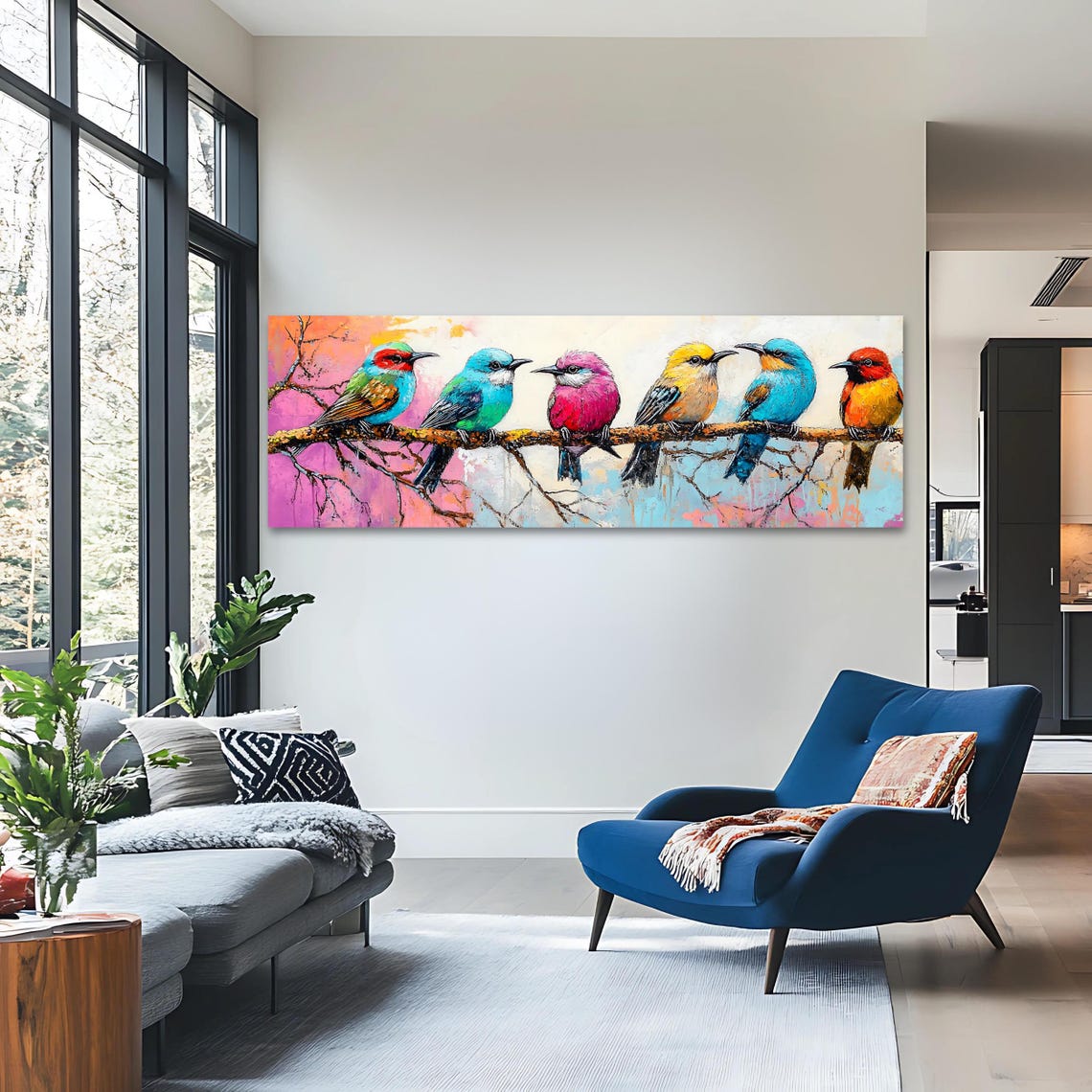 Six Colorful Birds On Branch Watercolor Panoramic Nature Bird Wall Art - Image 3