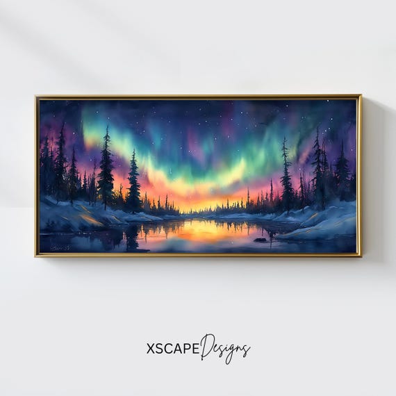 Northern Lights Wall Art Long Horizontal Narrow Print Oversized Panoramic Landscape Artwork For Above Couch Or Bed