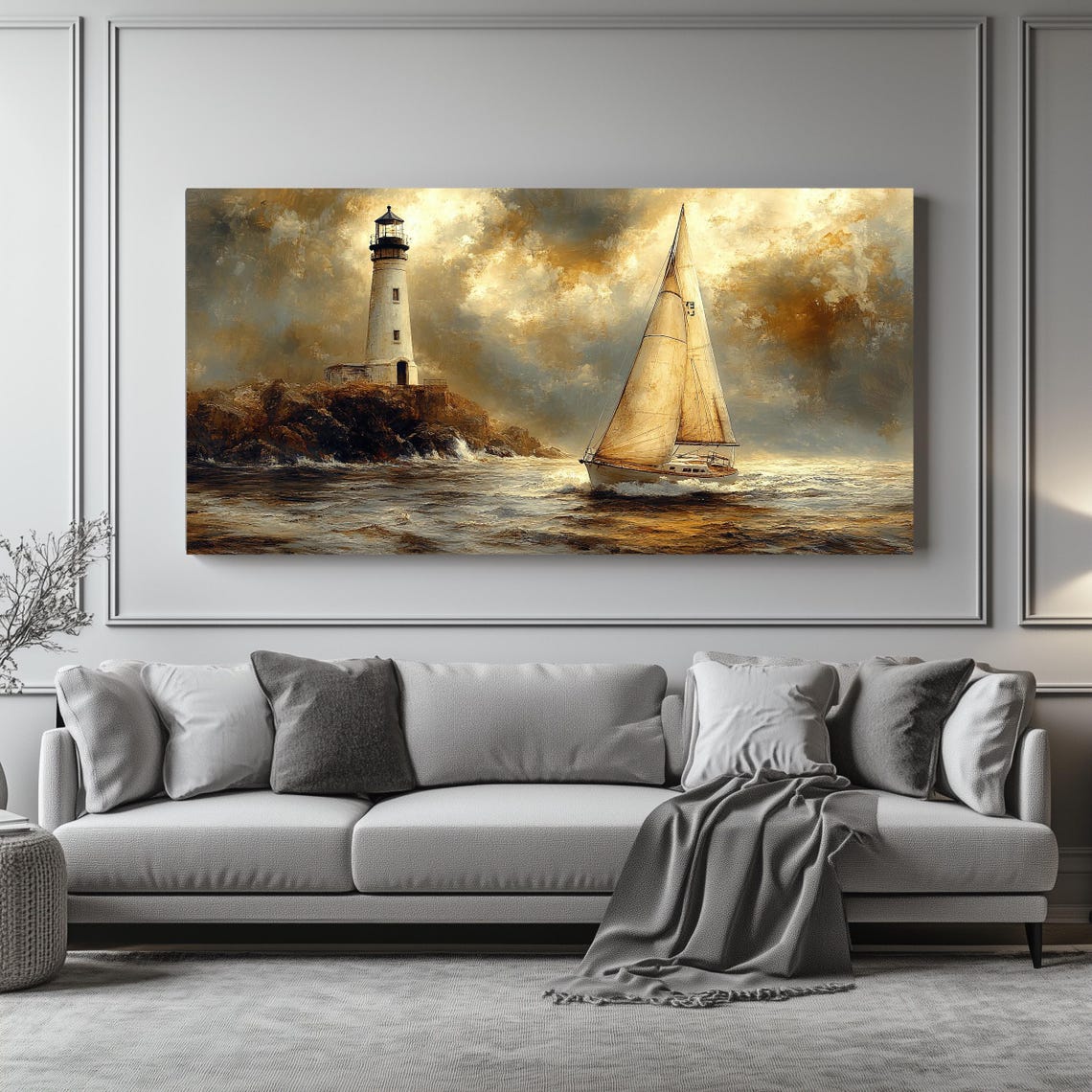 Lighthouse Sailboat Wall Art Long Horizontal Narrow Print Nautical Seascape For Above Couch Or Bed - Image 4