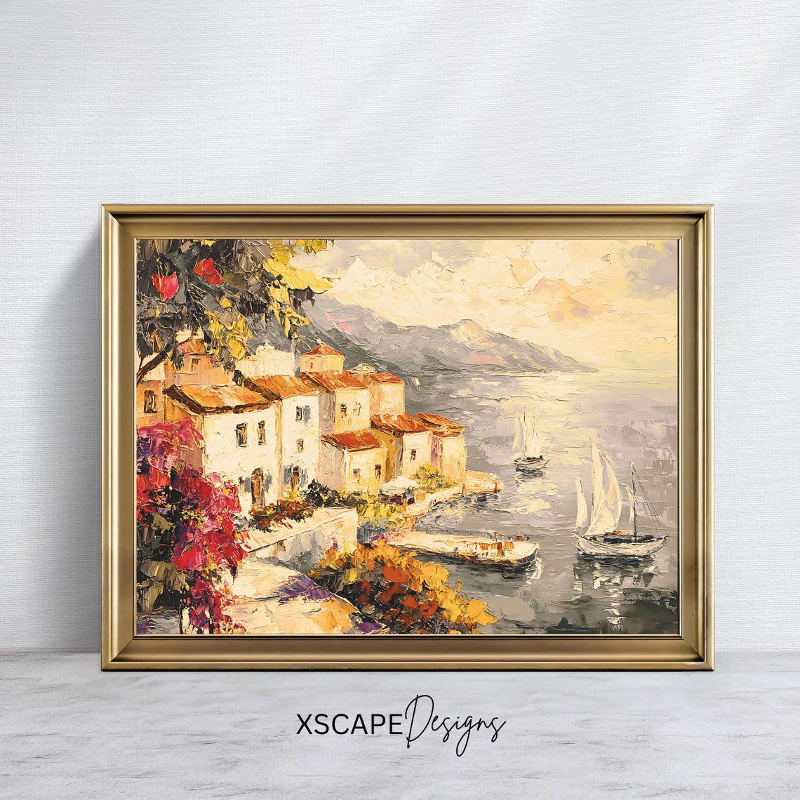 Vintage Mediterranean Coastal Village Boats Rustic Seaside Art Poster