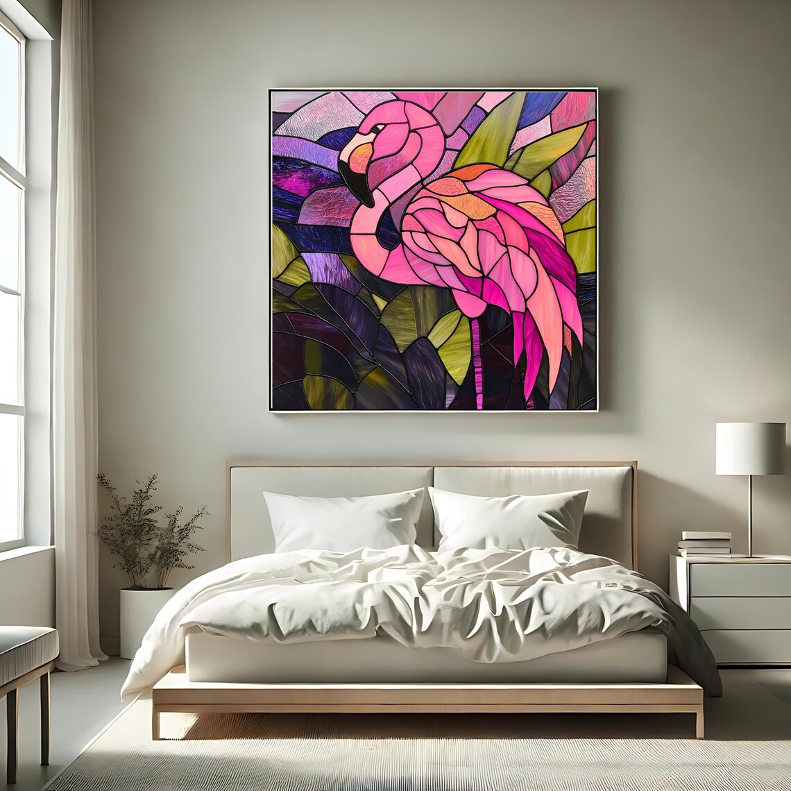 Pink Flamingo Stained Glass Art Tropical Leaves Colorful Bird Wall Art - Image 2