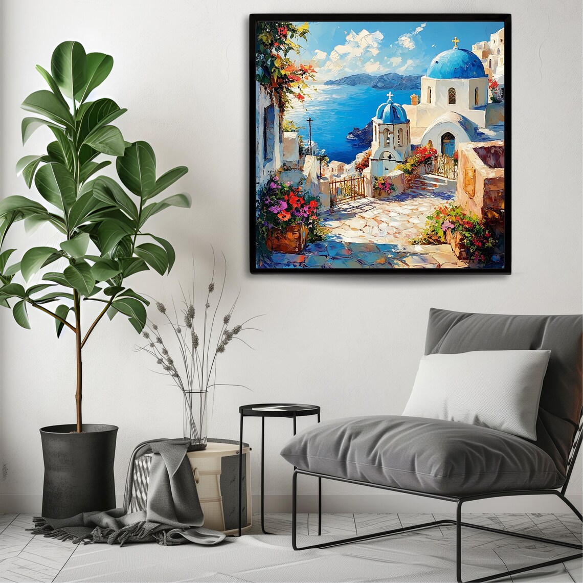 Santorini Blue Domes Church Bell Tower Flower Courtyard Aegean View Poster - Image 3