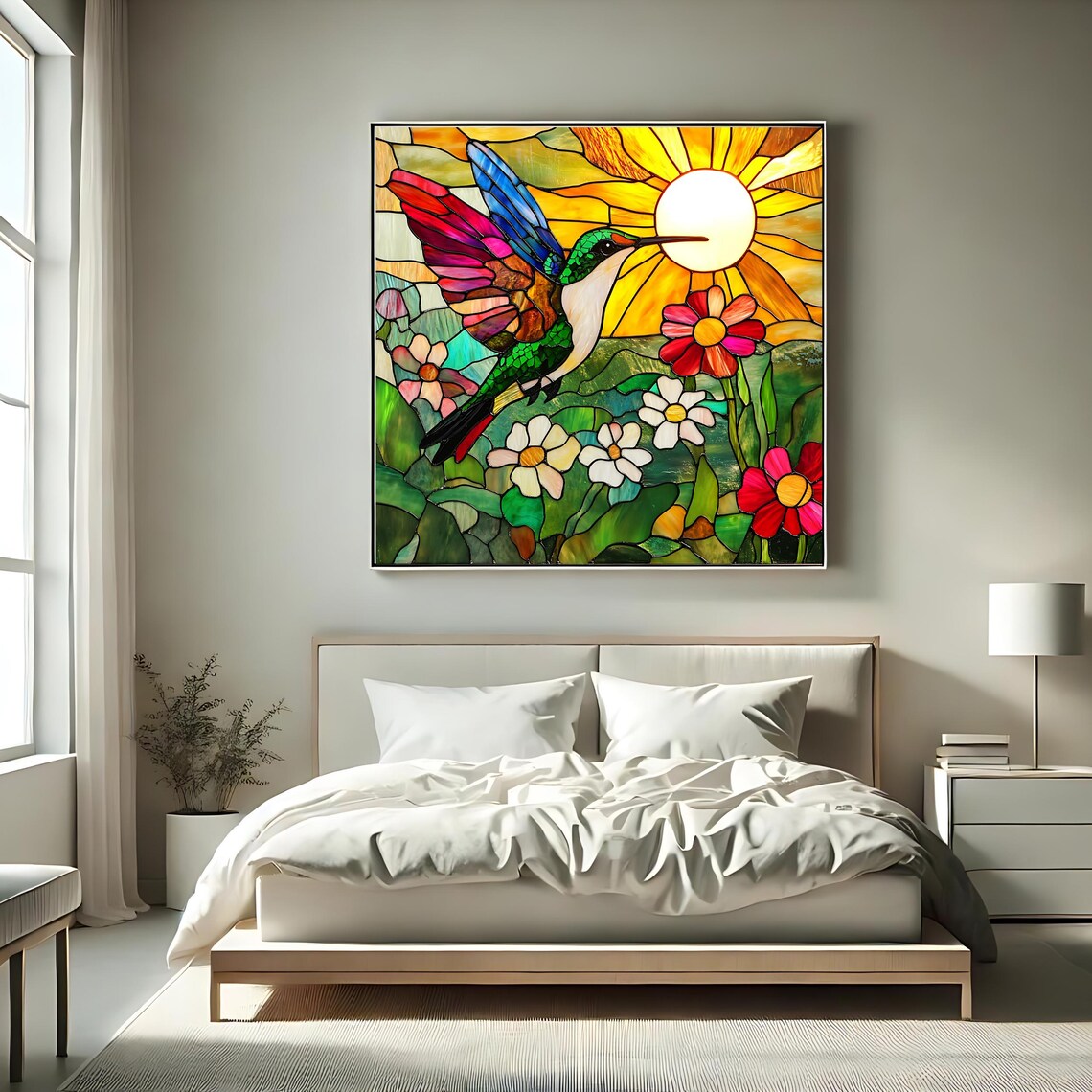 Stained Glass Hummingbird Sun Flowers Colorful Nature Wall Art Poster - Image 2