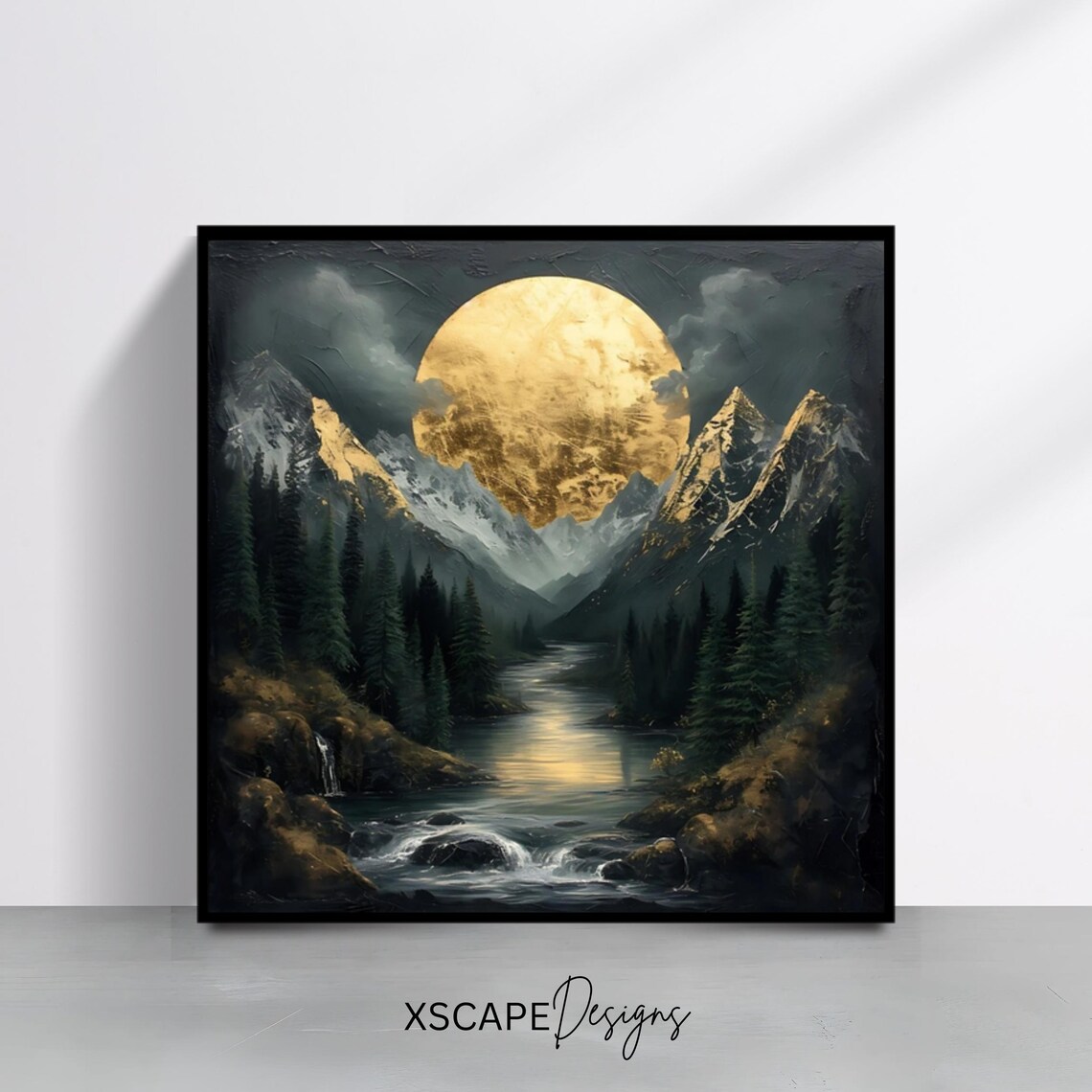 Giant Golden Moon Rising Over Snowy Mountain River Night Landscape Poster