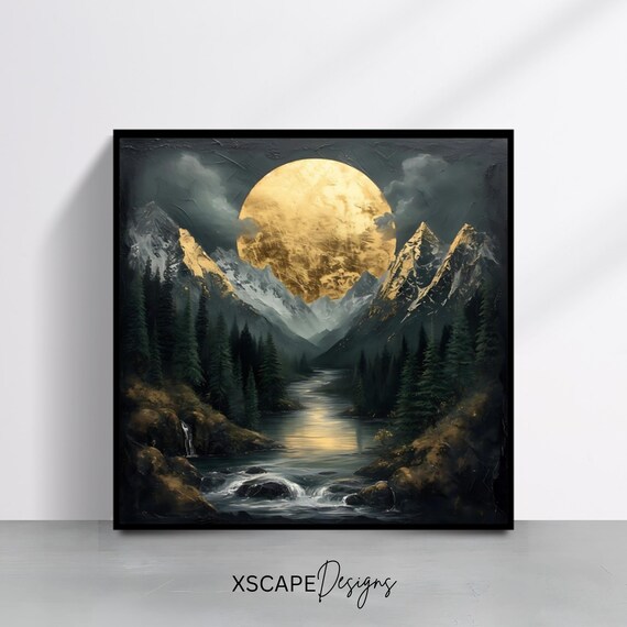 Giant Golden Moon Rising Over Snowy Mountain River Night Landscape Poster