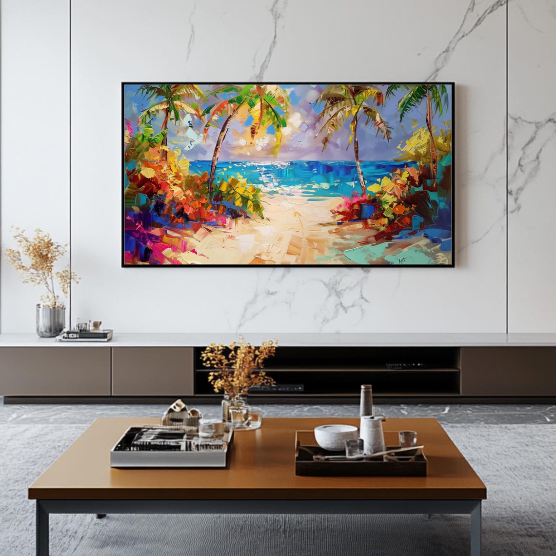 Tropical Beach Palm Trees Impressionist Sunset Island Travel Poster - Image 2