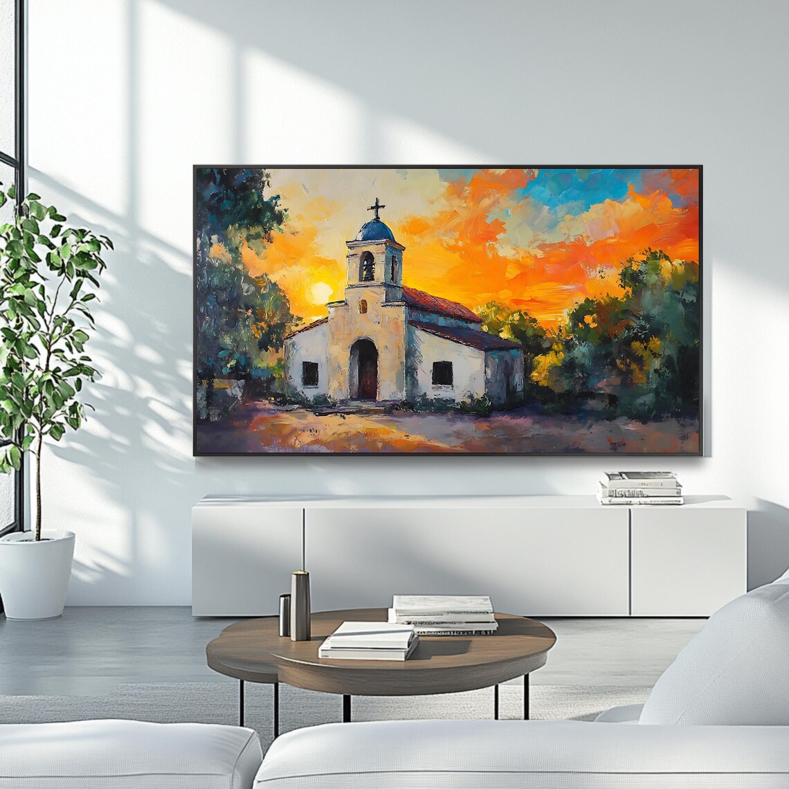 Church Sunset Painting, Rustic Chapel Wall Art - Image 4